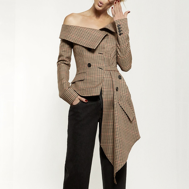 Plaid Blazer Tops Female Patchwork Slash Neck Long Sleeve Lace up Women Jacket Coat 2018 Autumn Fashion