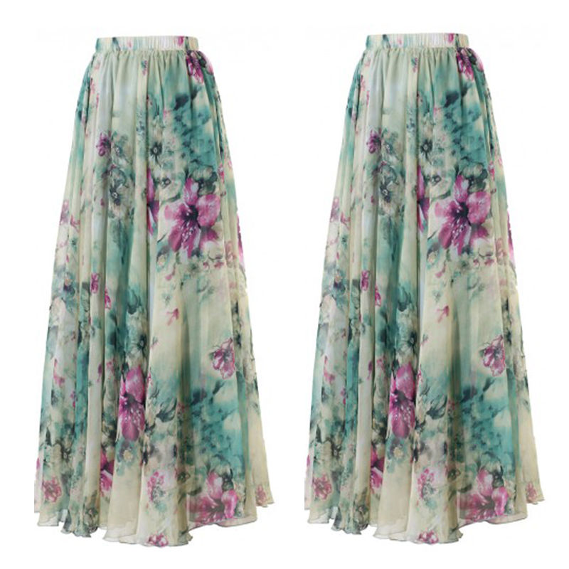 Waist Tulle Floral Chiffon Skirt Women Summer Elastic Waist Long Skirt Girl Princess Skirt Sun Fluffy Tutu Skirt Femme 