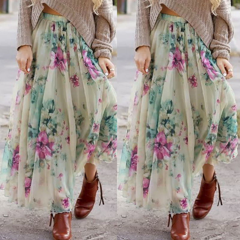 Waist Tulle Floral Chiffon Skirt Women Summer Elastic Waist Long Skirt Girl Princess Skirt Sun Fluffy Tutu Skirt Femme 