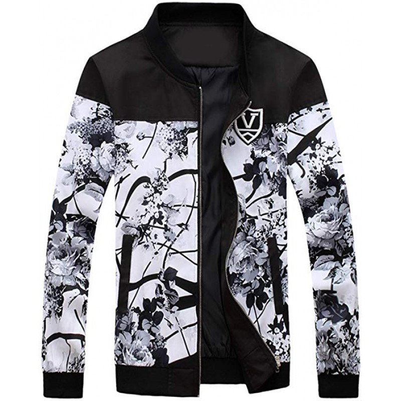 Men's Fashion Printing Jacket Long Sleeve Slim Fit Zip Front Coat