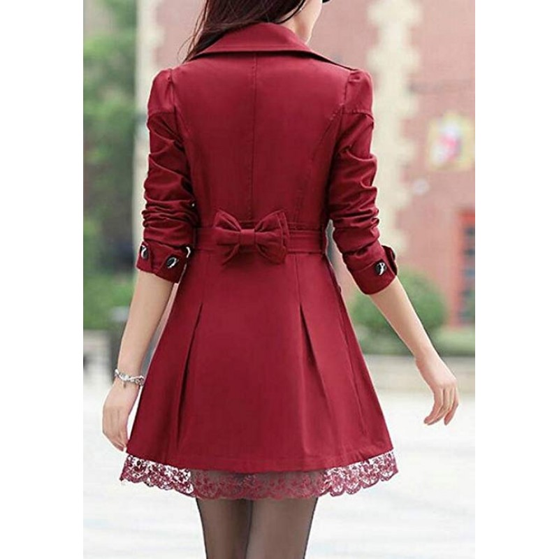 Women Mid Long Double-Breasted Lace Trim Elegant Jacket Trenchcoat