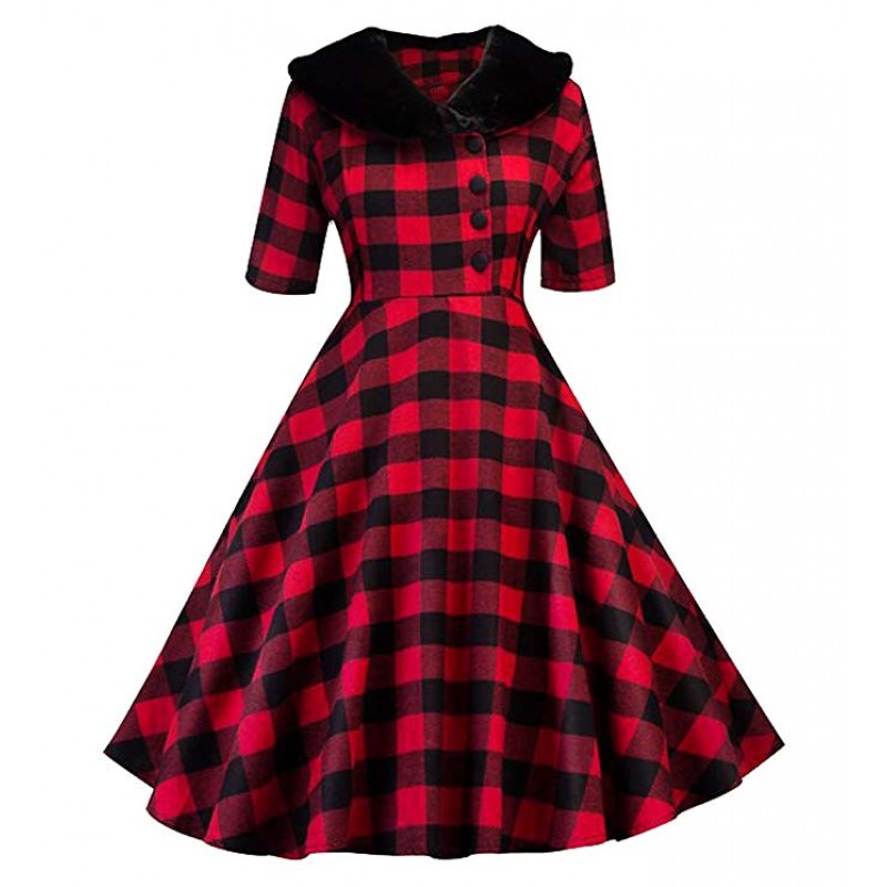 Womens Plaid Print 3/4 Sleeve Lapel Vintage 1950s Party Swing Midi Dress