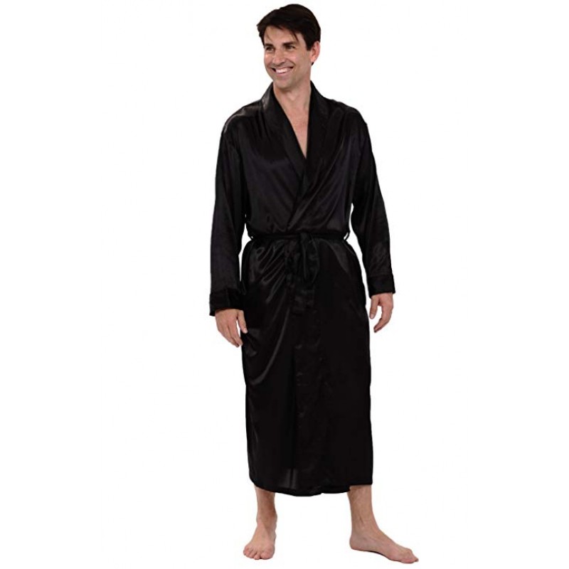 Mens Satin Solid Color Robe, Long Lightweight Loungewear