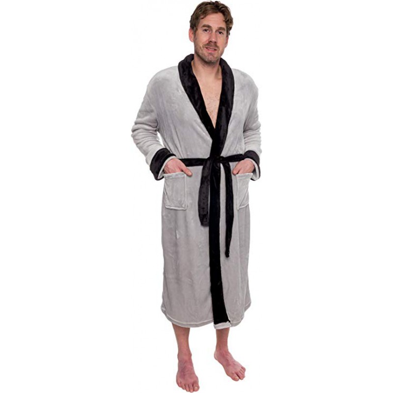 Mens Plush Shawl Collar Kimono Bathrobe Robe